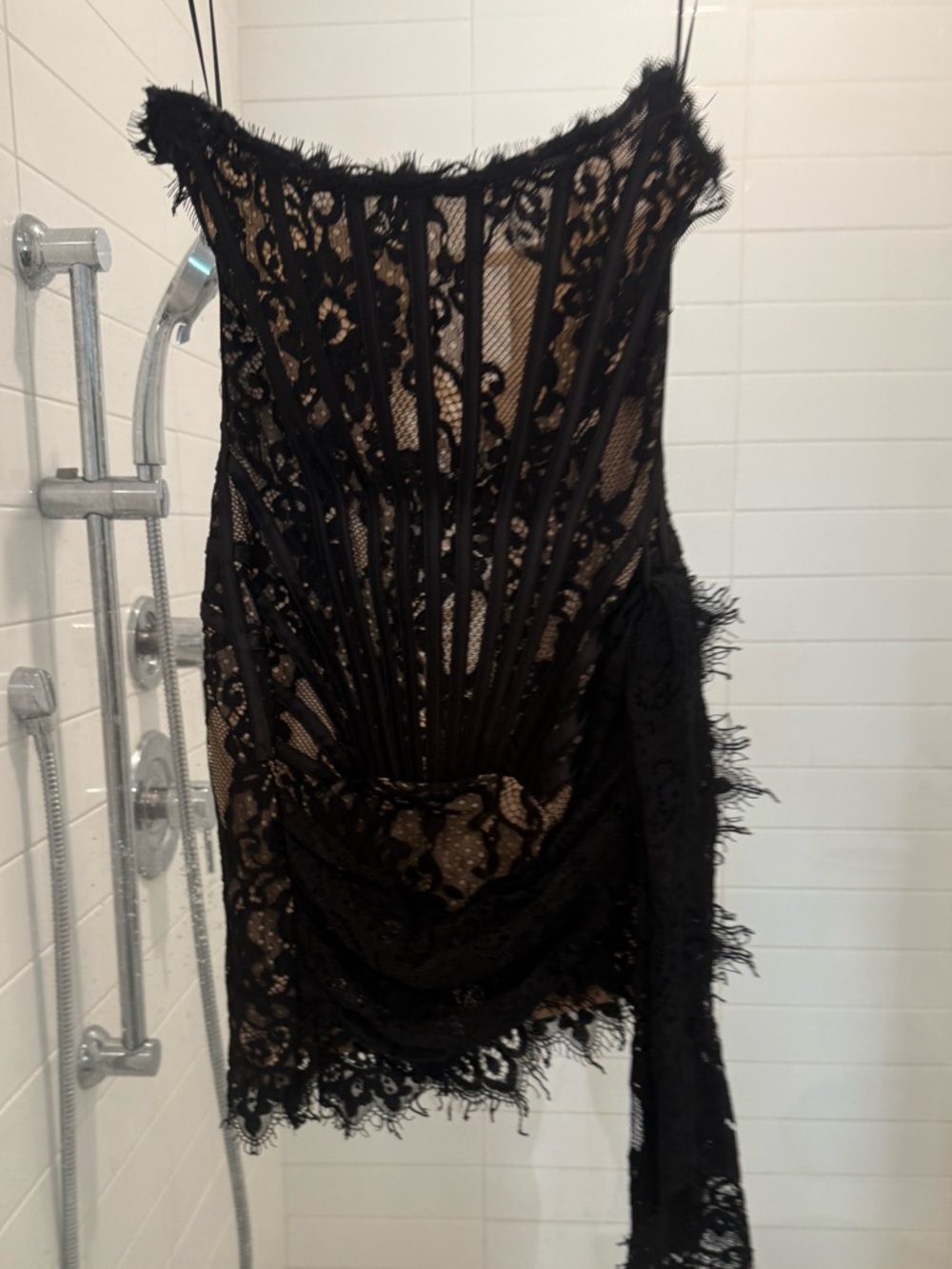 Black Lace Mini Dress with Sheer Paneling